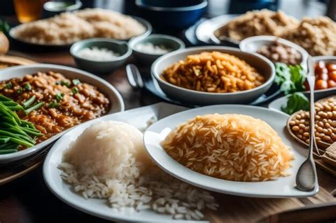 Premium AI Image | A table full of dishes including rice, rice, and rice.