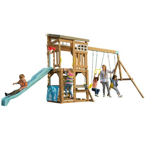 KidKraft Modern Outdoor Wooden Swing Set / Playset with Fireman's Pole ...