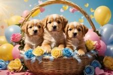 Cute Puppies W Balloons And Hearts Free Stock Photo - Public Domain Pictures