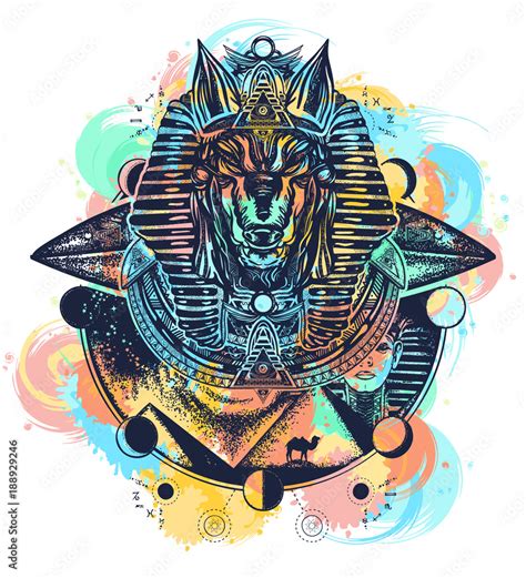 Anubis watercolor splashes color tattoo and t-shirt design. Anubis, god of war, Golden Mask of ...