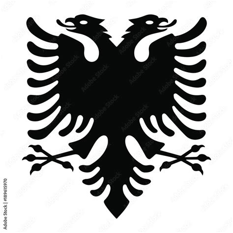 Albanian eagle with two heads. Isolated black symbol on white background. Albanian flag and coat ...