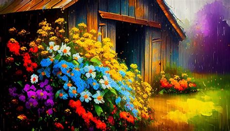 Premium AI Image | A painting of a house with flowers in the foreground