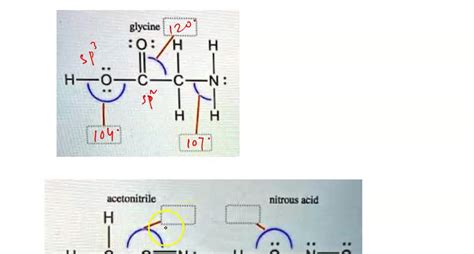 SOLVED: Identify the approximate bond angles in each molecule: Glycine Acetonitrile Nitrous acid ...