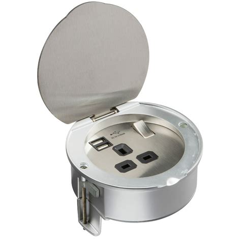 13A 1G ROUND RECESSED WORKTOP SOCKET WITH USB CHARGER PORTS - BRUSHED STEEL | Usb chargers ...