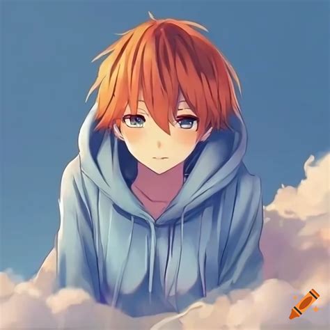 Cute short haired orange hair anime boy wearing a blue hoodie lying down on a cloud on Craiyon