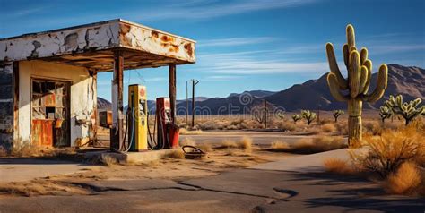 Abandoned Gas Station in Desert Landscape Stock Illustration ...