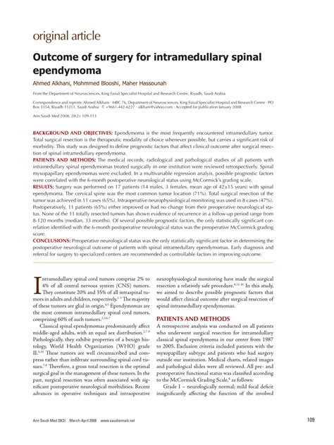 (PDF) Outcome of surgery for intramedullary spinal ependymoma