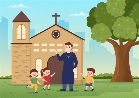 Pastor is Playing with Some Kids in Front of the Inner Catholic church in Flat Cartoon Hand ...