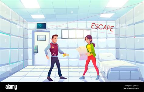 Quest escape asylum room with people searching exit, game. Man holding ...