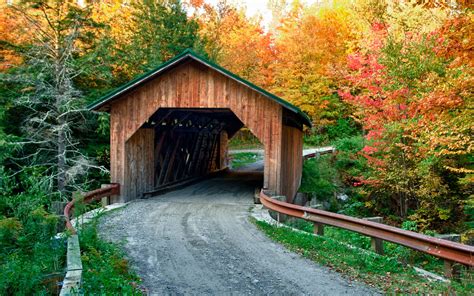 a wooden covered bridge in the middle of trees with fall foliage on it's sides