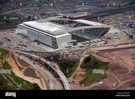 Aerial view of the work of construction of stadium Corinthians Arena ...