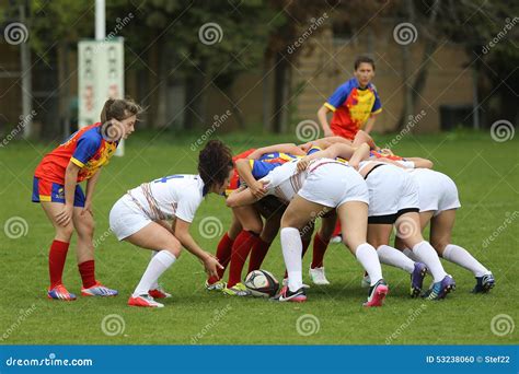 Rugby Scrum During A Training Of The Partizan Rugby Team With White Caucasian Men Confronting ...