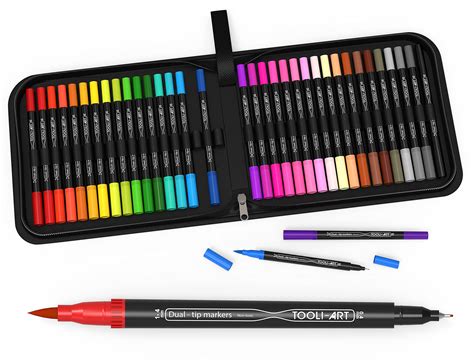 Dual Tip Brush Pens Double Sided Pigment Based Brush Markers 36 Color Art Set with Zipper Case ...