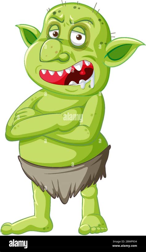 Green goblin or troll standing pose with anger face in cartoon character isolated illustration ...