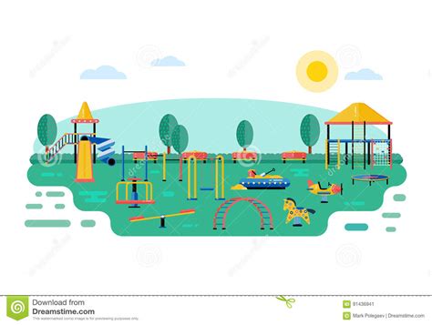 Kids Playground Vector Landscape in Flat Design. Children Play a Stock Vector - Illustration of ...