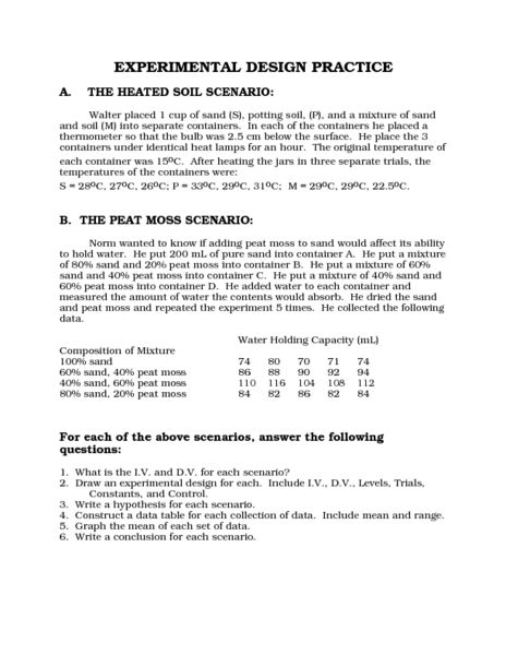 Experimental Design Practice Worksheet for 7th - 10th Grade | Lesson Planet