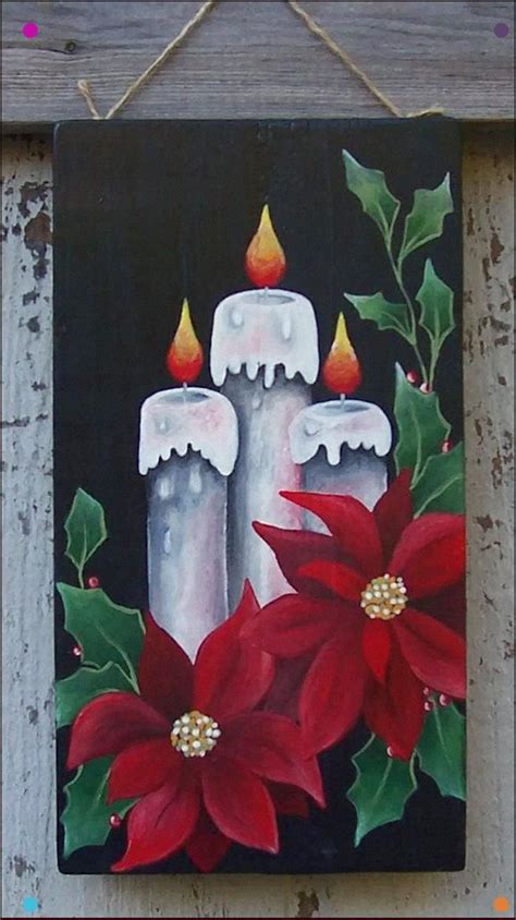 Christmas Candlespoinsettias Painted On Plywood With Acrylic Paint. | Christmas paintings on ...