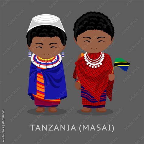 Masai. Tanzanians in national clothes with a flag. Man and woman in ...