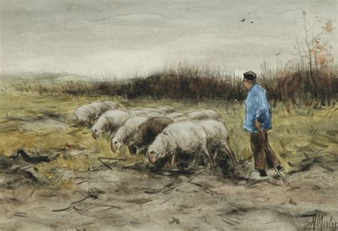 Adriaan Miolée | Watercolours and drawings prev. for Sale | A shepherd with his flock of sheep