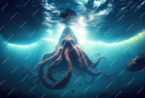 Premium Photo | Kraken under the deep sea attacking and sinking the ship mythical creatures ...