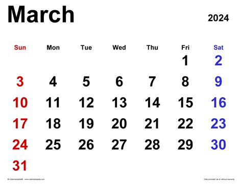 March 2024 Calendar | Templates for Word, Excel and PDF