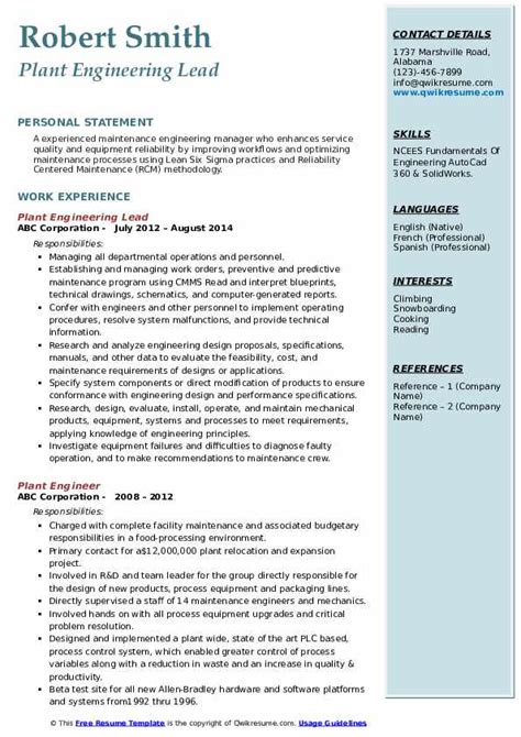 Plant Engineer Resume Samples | QwikResume