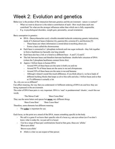 Evolution and genetics - Week 2: Evolution and genetics Behaviour is ...