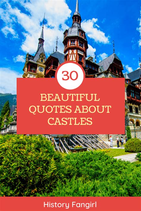 an old castle with the words 30 beautiful quotes about castles in red and white over it