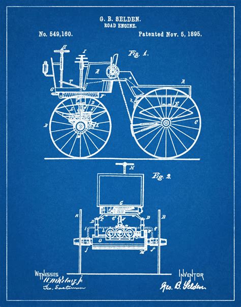 1895 Automobile Patent Print - 1st US Automobile Patent Invented by George Selden ...