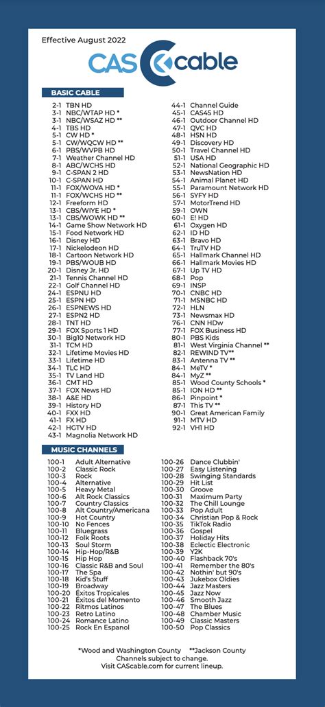 CAS Channel Guide — CAS Cable