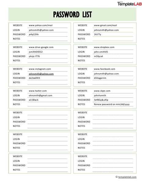 33 Best Password List Templates (Word, Excel & PDF) ᐅ TemplateLab