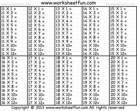 multiplication times tables 1 12 worksheet