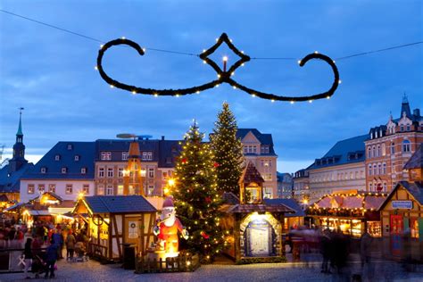 Town lit up at night on Christmas Christmas Market Marktplatz Annaberg-Buchholz Saxony Germany ...