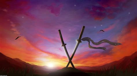 Two katana illustration, digital art, sunset, sword, fantasy art HD ...