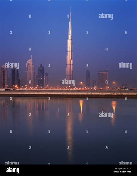 Dubai skyline as seen from Business Bay shot just before dawn Stock ...