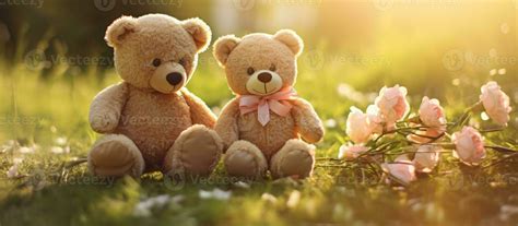 Couple teddy bears hugging flowers garden green grass, Valentine's day ...