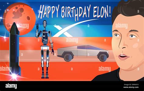 Happy birthday Elon. Elon Musk portrait, Twitter logo, Tesla Cybertruck,Optimus humanoid robot ...