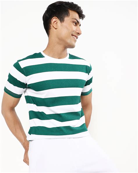 Buy Men's White and Green Stripe T-shirt Online at Bewakoof