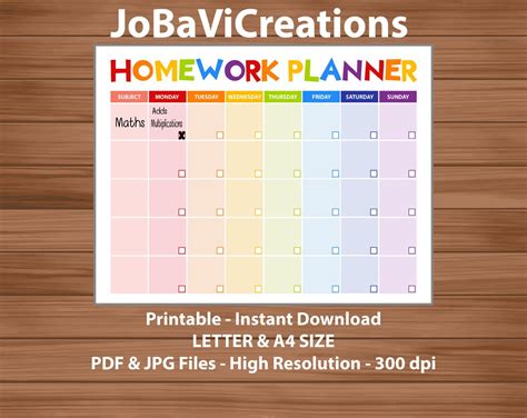 Kids Homework Planner Printable. Childs Homework Planner. Kids