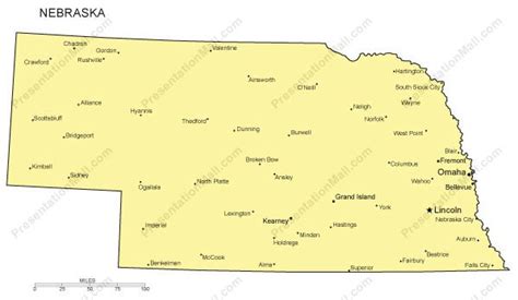 Nebraska Outline Map with Capitals & Major Cities- Digital Vector ...