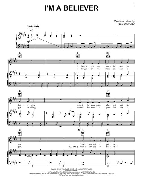 The Monkees "I'm A Believer" Sheet Music Notes | Download Printable PDF ...