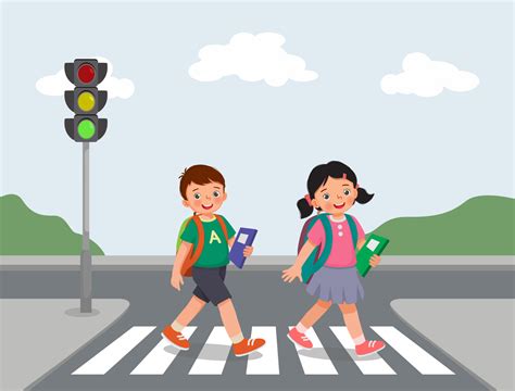 Cute School kids with backpack walking crossing road near traffic light ...