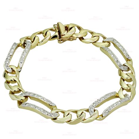 Classic Diamond 14k Yellow Gold Men's Figaro Link Bracelet-M