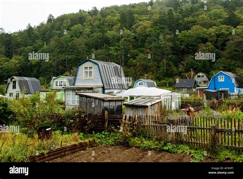 Old dachas on Kunashir Island in Kuril Island chain Russian Far East ...