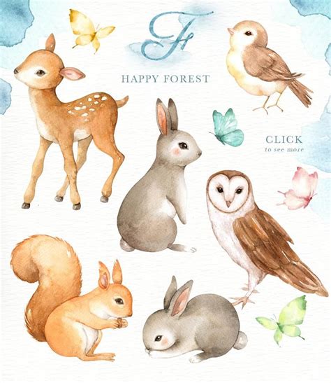 Happy Forest Watercolor Clip Art,Woodland Animals, Kids Clipart,Boho Clipart, Nursery Decor ...