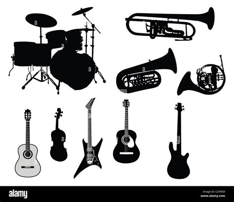 Set of different stringed, wind and percussion instruments Stock Photo - Alamy