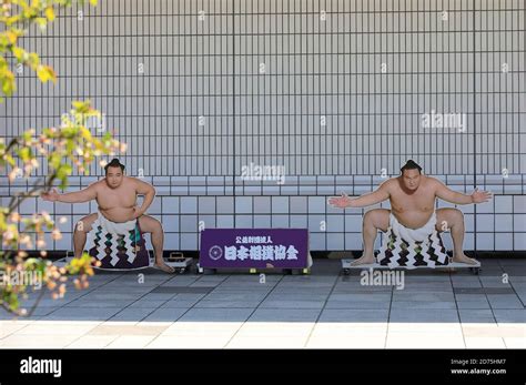 Cutouts of sumo wrestlers display outside of Ryogoku Sumo Hall.Sumida ...