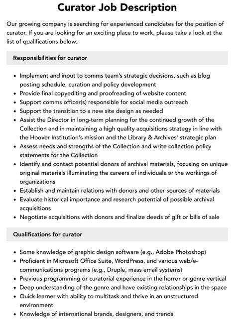 Curator Job Description | Velvet Jobs