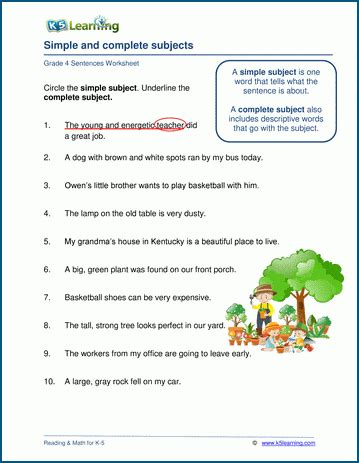 Simple and complete subjects worksheets | K5 Learning