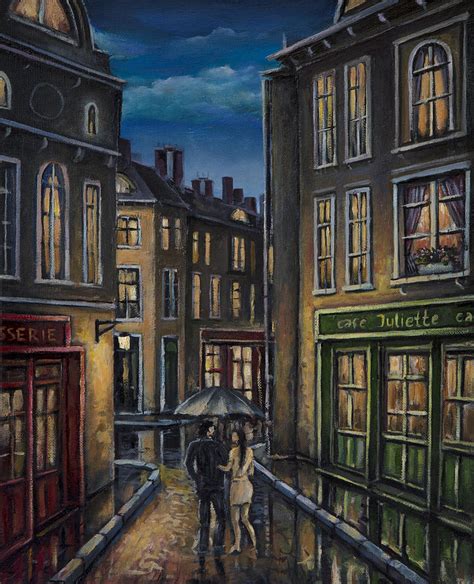 Paris Couple At Night Street Scene Painting by Radoslav Nedelchev